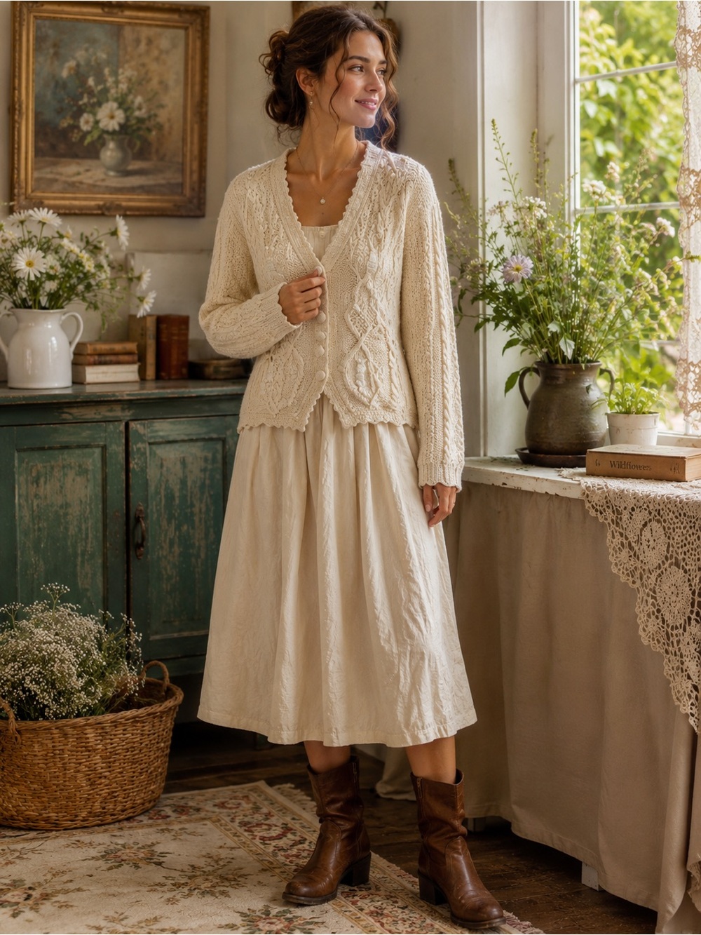 Silk Cotton Cable Knit Cardigan Sweater Cream Embroidered L